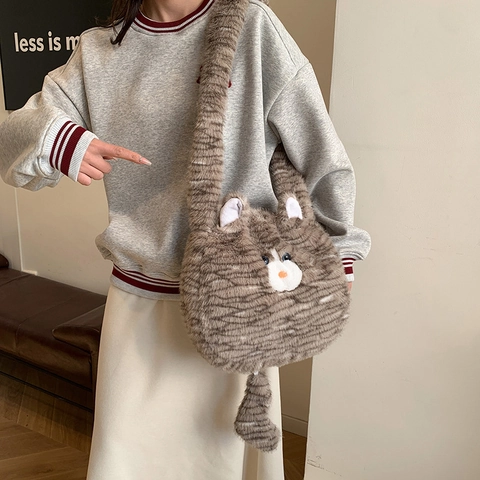 Bolso de Hombro de Peluche con Forma de Gato Lindo para Mujer Bolso de Mano de Rayas de Piel Sintética Diseño de Animales de Dibujos Animados Gran Capacidad Bolso Informal de Otoño Invierno