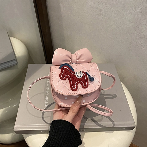 Cute Girls Mini Crossbody Bag Synthetic Leather Embroidered Horse Bowknot Diamond Lattice Quilted Heart Shoulder Bag