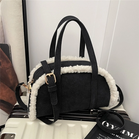 Borsa a Tracolla da Donna Retro in Finta Pelle Scamosciata con Inserti in Peluche Borsa a Mano in Lana di Agnello Elegante