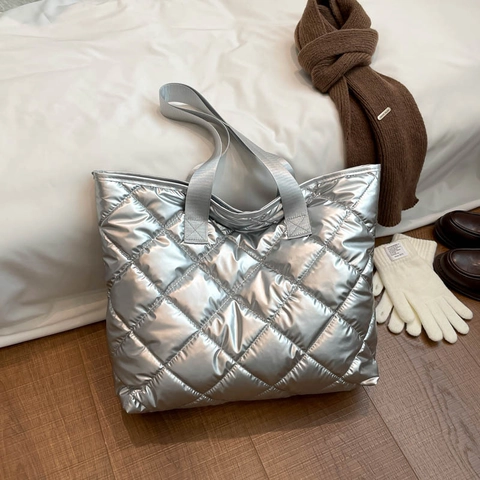 Metallic Quilted Large Tote Bag For Women Autumn Winter Rhombus Pattern Padded Shoulder Bag Fashion Street Style Handbag