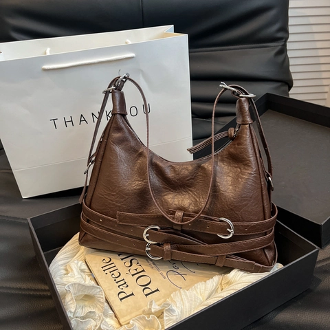 Borsa a Spalla Moto Retrò per Donna Grande Capacità Pelle Sintetica Borsa Sottobraccio con Fibbie Multiple Vintage Hobo Crossbody