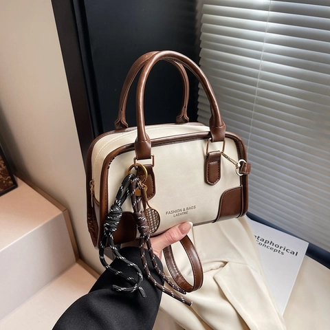 Vintage PU Leder Bowlingtasche Kontrastfarbe Damen Handtasche Retro Schultertasche Umhängetasche Einfache Tägliche Pendler Top Griff Tasche