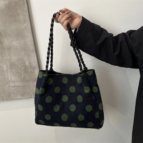 Borsa Tote in Peluche a Pois Invernale da Donna Borsa a Tracolla Casual retrò di Grande Capacità con Manico Intrecciato Borsa Morbida