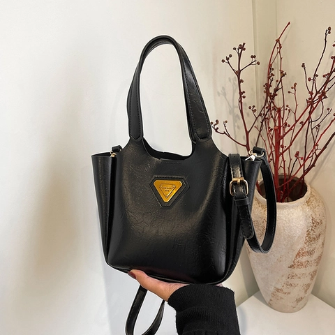 Vintage Synthetic Leather Tote Bag For Women Solid Color Triangular Logo Messenger Shoulder Handbag With Adjustable Strap