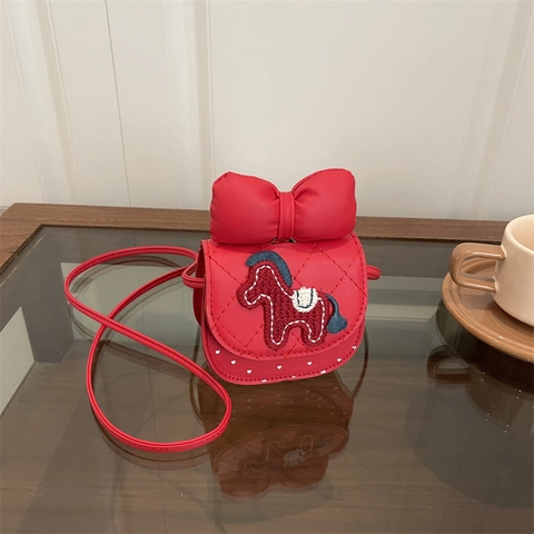 Red Bow Horse Embroidery Kids Mini Crossbody Bag Girl Quilted Heart Pattern Shoulder Bag PU Leather New Year Gift