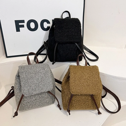 Mini Sac à Dos en Peluche Style Coréen pour Femmes Bordure en Cuir Synthétique Cordon de Serrage Flip Polaire Mode Voyage