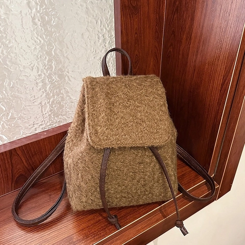 Mini Sac à Dos en Peluche Style Coréen pour Femmes Bordure en Cuir Synthétique Cordon de Serrage Flip Polaire Mode Voyage