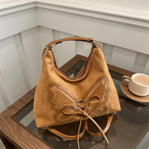 Vintage Suede Butterfly Bowknot Tote Bag For Women Large Capacity Simple Retro Shoulder Bag Commuter Handbag