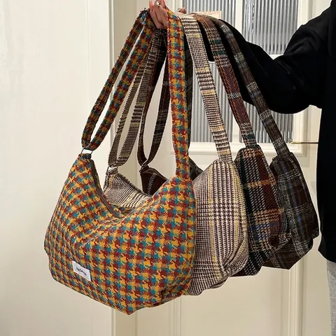 Sac à Épaule Vintage pour Femmes Pied-de-poule Écossais Minimaliste Japonais Polyester Sac Hobo Sacoche Grande Capacité