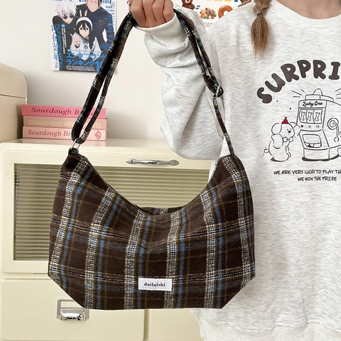 Sac à Épaule Vintage pour Femmes Pied-de-poule Écossais Minimaliste Japonais Polyester Sac Hobo Sacoche Grande Capacité