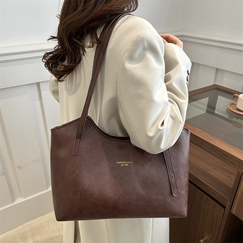 Vintage Τσάντα Tote Μεγάλης Χωρητικότητας για Γυναίκες Συνθετικό Δέρμα Τσάντα Ώμου Retro Handbag Χρώμα Μονόχρωμη Τσάντα