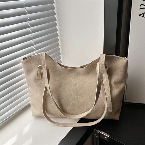 Vintage Τσάντα Tote Μεγάλης Χωρητικότητας για Γυναίκες Συνθετικό Δέρμα Τσάντα Ώμου Retro Handbag Χρώμα Μονόχρωμη Τσάντα