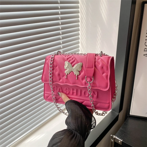 Damen Mode Gesteppt Kunstleder Schultertasche Vintage Metall Schmetterlingsschnalle Relief Quadratische Umhängetasche Kette Tasche