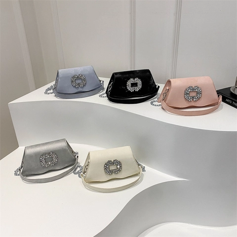Damen Mode Strass Schnalle Kleine Quadratische Tasche Kunstleder Kette Schulter Umhängetasche Elegante Party Abendtasche Handtasche