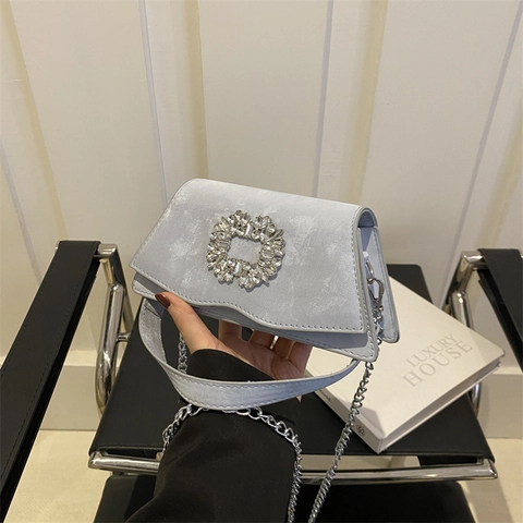 Damen Mode Strass Schnalle Kleine Quadratische Tasche Kunstleder Kette Schulter Umhängetasche Elegante Party Abendtasche Handtasche