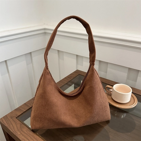 Bolso de Hombro de Pana Vintage para Mujer Gran Capacidad Minimalista Color Sólido Bolso Tote Hobo para Viaje Diario Oficina Escuela