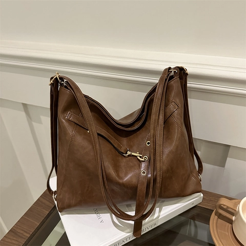 Women's Minimalist Suede Tote Bag Large Capacity Hobo Shoulder Bag With Retro Metal Buckle Solid Color Daily Commute Handbag