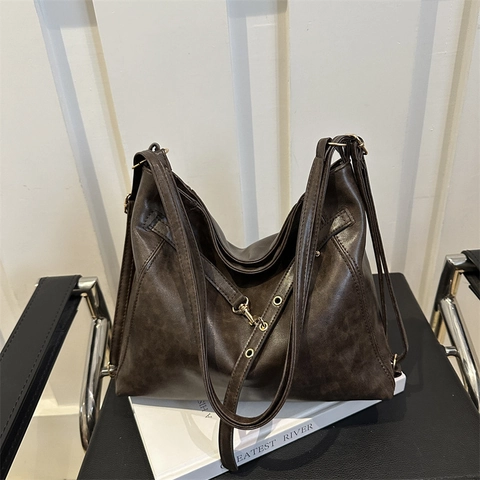 Women's Minimalist Suede Tote Bag Large Capacity Hobo Shoulder Bag With Retro Metal Buckle Solid Color Daily Commute Handbag