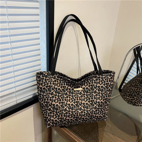 Borsa Tote da Donna in Tela con Stampa Leopardata Grande Capacità Borsa a Tracolla Casual Vintage Urban Semplice Moda