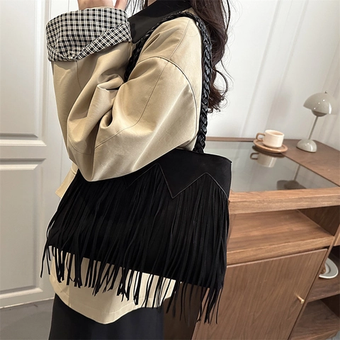 Bolso Tote Bohemio para Mujer con Flecos Microfibra Suave Asa Trenzada Gran Capacidad Bolso de Hombro Vintage con Borlas