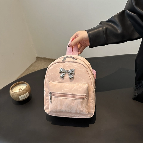 Women Mini Backpack With Metal Bow Crinkled Fabric Lightweight Fashion Travel Daypack For Girls Casual