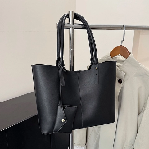 Gran Capacidad Minimalista Bolso De Mano Para Mujer Cuero Sintético Bolso De Hombro Con Bolsa A Juego Color Sólido Trabajo