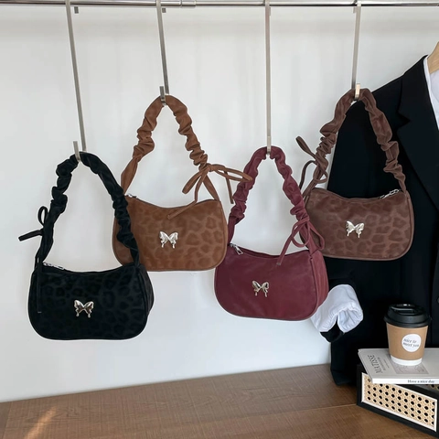 Borsa Sottobraccio da Donna con Stampa Leopardata Retro Farfalla Fibbia in Metallo Maniglia Pieghettata Borsa a Tracolla Moda PU Pelle Borsa Casual Y2K