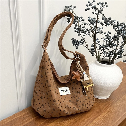 Grand Sac Cabas en Velours Côtelé pour Femmes Style Coréen Décontracté Motif Cœur Nœud Sac à Épaule Bandoulière Étudiant
