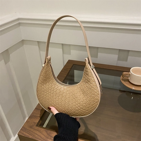 Bolso Hobo de Cuero Sintético con Textura Tejida para Mujer Bolso de Hombro de Axila de Media Luna Color Sólido Vintage Bolso Casual Diario