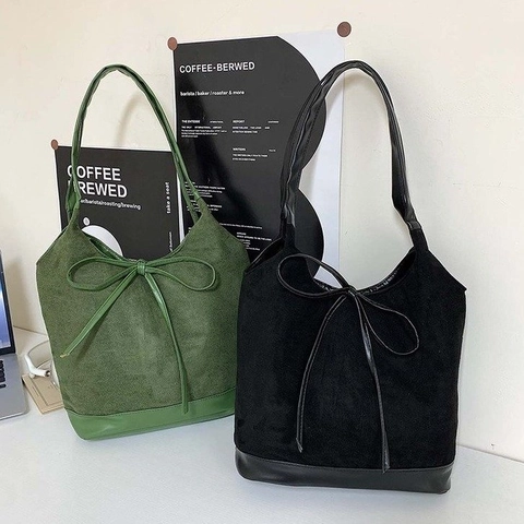Damen Große Kapazität Wildleder Synthetikleder Einkaufstasche Mode Schleife Kordelzug Umhängetasche Eimertasche Handtasche