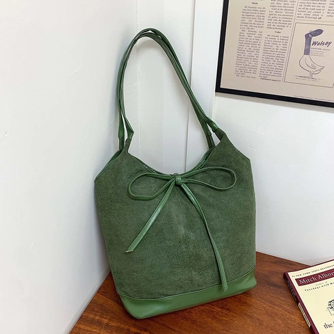 Damen Große Kapazität Wildleder Synthetikleder Einkaufstasche Mode Schleife Kordelzug Umhängetasche Eimertasche Handtasche