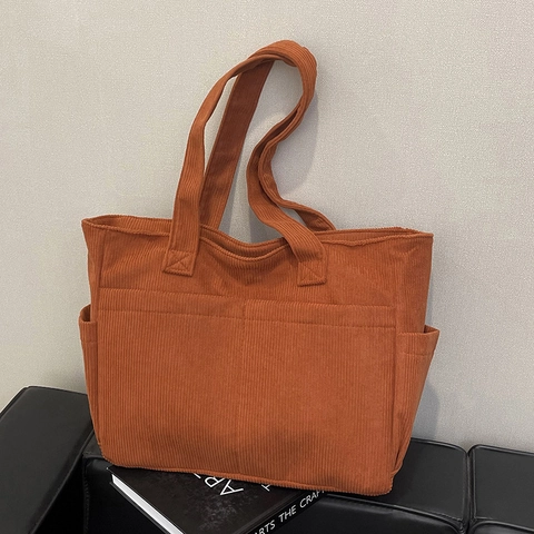 Bolso Tote de Pana de Gran Capacidad Para Mujer Color Sólido Multi Bolsillos Bolso de Hombro Diario Viajero Minimalista