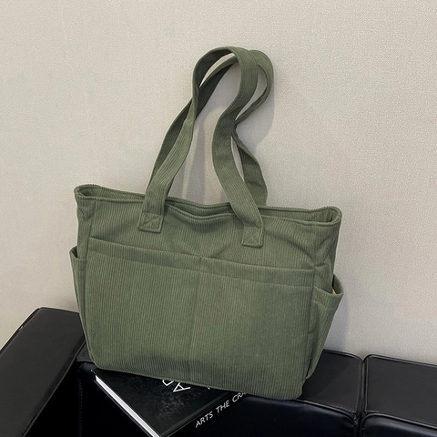Bolso Tote de Pana de Gran Capacidad Para Mujer Color Sólido Multi Bolsillos Bolso de Hombro Diario Viajero Minimalista