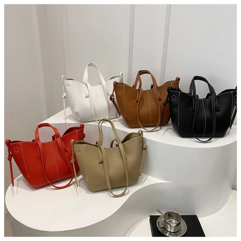 Bolso Tote De Mujer Cuero PU Grano De Lichi Gran Capacidad Costuras En Contraste Decoración De Nudo Lateral Bolso Chic Con Correa De Hombro