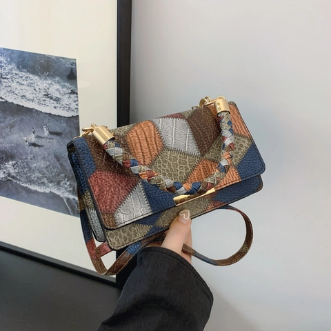 Sac à Épaule Patchwork Vintage pour Femmes Sac Bandoulière en Cuir Géométrique Sac Carré Couleur Contrastée Poignée Tissée Sac Urbain Décontracté