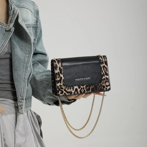 Fashion Leopard Print Patchwork Chain Shoulder Bag For Women Casual Synthetic Leather Crossbody Square Bag Daily Commute