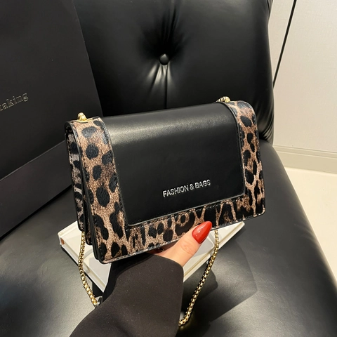 Fashion Leopard Print Patchwork Chain Shoulder Bag For Women Casual Synthetic Leather Crossbody Square Bag Daily Commute
