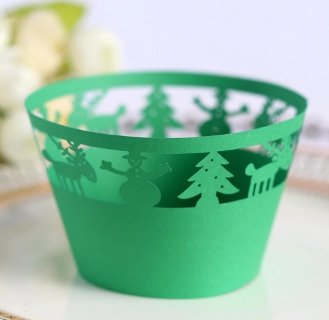 Laser Cut Christmas Cupcake Wrappers Reindeer Snowman Christmas Tree Design Hollow Paper Cake Decorating Liners Holiday Party