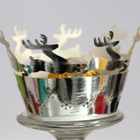Christmas Reindeer Snowflake Hollow Laser Cut Cupcake Wrappers Pearlescent Paper Cake Border For Holiday Party Decoration