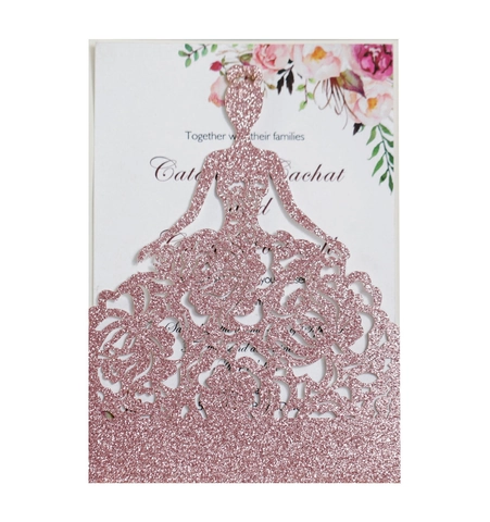 Glitter Laser Cut Wedding Invitation Cards Princess Silhouette Floral Rose Pattern Elegant Bridal Party Invitations