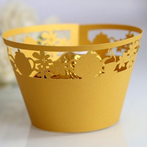 Pirottini per Cupcake a Taglio Laser Svuotano Motivo a Teiera e Fiori Carta Perlata Decorativa per Matrimonio Festa del Tè