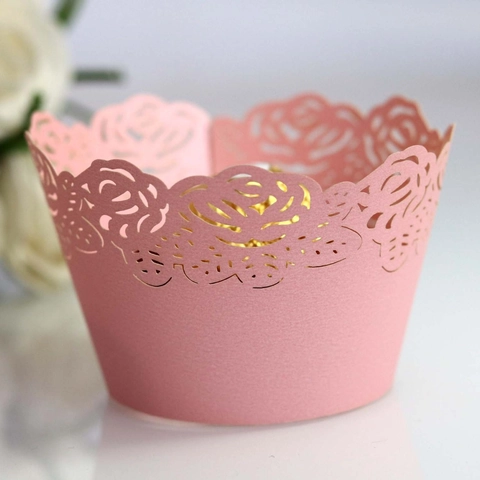 Elegant Laser Cut Rose Flower Cupcake Wrappers Pearlescent Paper Decorative Cake Liners For Wedding Birthday Party Favors