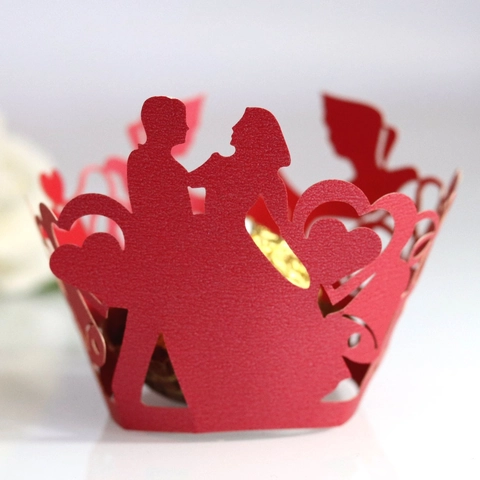 Laser Cut Heart Wedding Silhouette Cupcake Wrappers Pearl Paper Decor For Marriage Valentine Party Cake Decoration