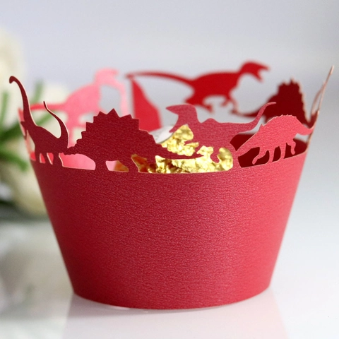 Dinosaur Laser Cut Cupcake Wrappers Hollow Out Pearlescent Paper Cake Liners For Kids Birthday Party Decoration