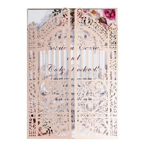 European Laser Cut Wedding Invitations Gate Fold Pearl Paper Invitation Cards With Floral Inner Sheet For Wedding Party
