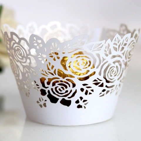 Laser Cut Rose Hollow Cupcake Wrappers Pearl Paper Cake Decoration Liners For Wedding Birthday Party Table Ornament Decor