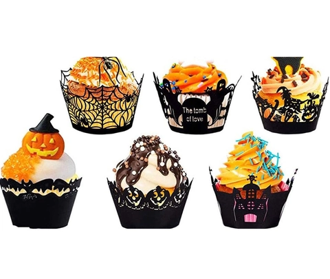 Halloween Cupcake Wrappers Laser Cut Paper Cake Decoration Hollow Spider Web Witch Castle Bat Ghost Party Favors Gothic Dessert Decor
