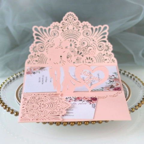 Laser Cut Wedding Invitations Pearl Paper Pop-up Card Mr Mrs Heart Lace Elegant Engagement Marriage Invitation