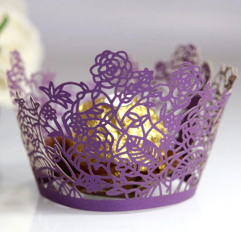 Laser Cut Pearl Paper Cupcake Wrappers Romantic Rose Floral Lace Hollow Out Cake Liners For Wedding Birthday Party Decoration