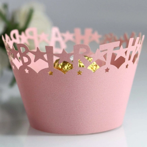 Involucri per Cupcake Happy Birthday Taglio Laser Bordo per Torta in Carta Perlata Decorazioni per Feste con Motivo a Stelle Traforate